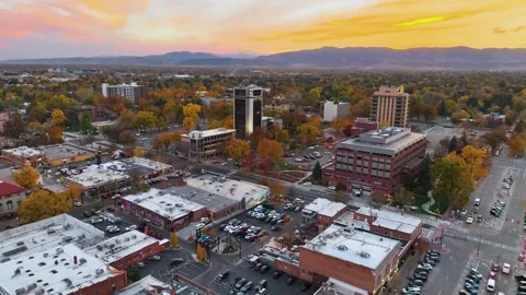 Fort Collins Sunset in Old Town Drone Footage 06 | Front Range | Downtown | 4K  Stock Footage 259887231