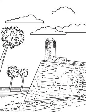 Fort Marion in St Augustine Florida USA Mono Line Art. 스톡 일러스트