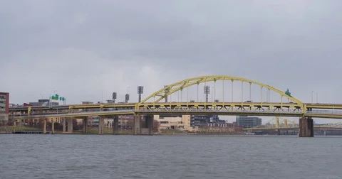 Fort Pitt bridge on light snow shower day in Pittsburgh 4k Stock Footage 70684937