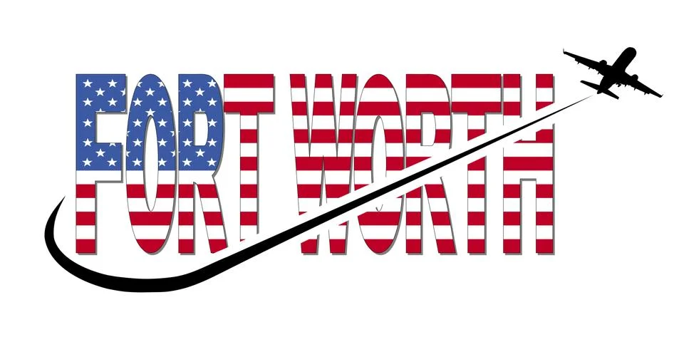 Fort Worth flag text with plane silhouette and swoosh illustration Stock Illustration