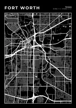 Fort Worth Map Wall Art Frame, Cartography Map Print, City Layout Map Stock Illustration