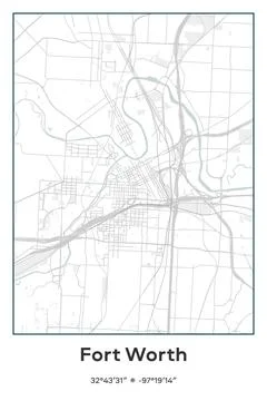Fort Worth, Texas - vector map of city in Pastel, Gray, White, Green colors Stock Illustration