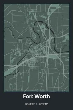 Fort Worth, Texas - vector map of city in Dark gray, Gray, Green, gray-green col Stock Illustration