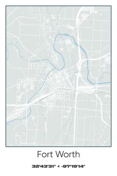 Fort Worth, Texas - vector map of city in Gray, white, green, blue colors Stock Illustration