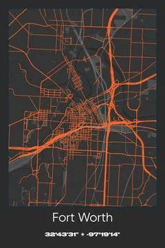 Fort Worth, Texas - vector map of city in Gray, Black, Orange colors Stock Illustration