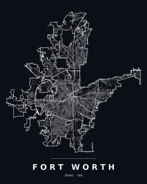 Fort Worth TX Street Map Road Network Highways Dark Mode Editable Vector Stock Illustration