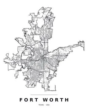 Fort Worth TX Street Map Road Network Highways Black White Editable Vector Stock Illustration