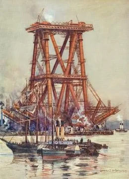 The Forth Bridge under construction.  The cantilever railway bridge which spans Stock Illustration
