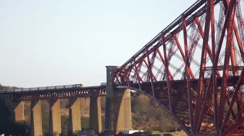 Forth Bridge - wide pan with 2 trains Stock Footage 21896257