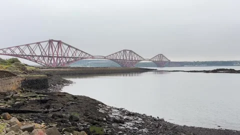 Forth Rail Bridge, Scotland on a dull day looking over the Forth Estuary Stock Footage 281368009