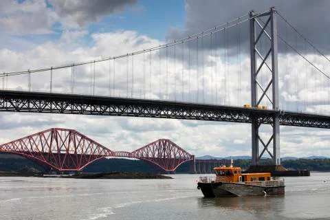 Forth Road Bridge and the Forth Rail Bridge near Queensferry, Scotland, UK Stock Photos