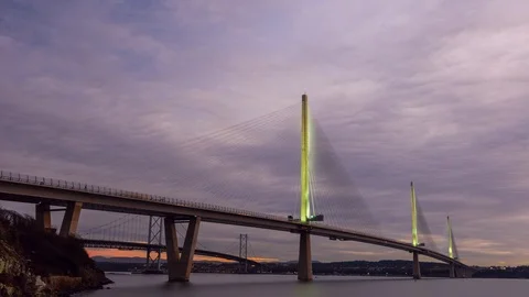 Forth Road Bridge and Queensferry Crossing over Firth of Forth in Scotland Video stock 101258344