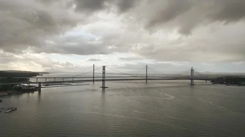 Forth Road Bridge and The Queensferry Crossing from a drone, Scotland Stock-Footage 317462293