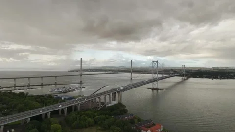 Forth Road Bridge and The Queensferry Crossing from a drone, Scotland Stock-Footage 317462300