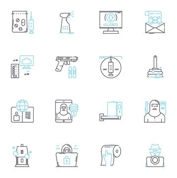 Fortification linear icons set. Citadel, Bastion, Rampart, Stronghold, Keep Stock Illustration