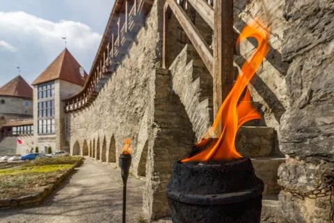 Fortification wall and torch close-up at the Danish King's Garden in Tallinn, Stock Photos
