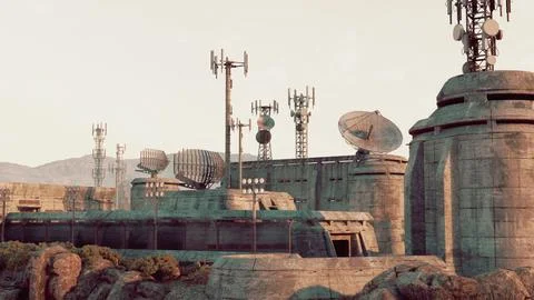 A fortified military base with an array of antennas on its roof Illustrazione stock