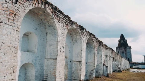 Fortress walls. Spring frame. Old walls with a hole for combat devices Stock Footage 128242565