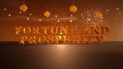 Fortune And Prosperity Red and Gold 3D Letters with Hanging Paper Lanterns and Video stock 343815440