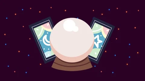 Fortune teller crystal ball and tarot cards on starry night background anim.. Stock Footage 334162066