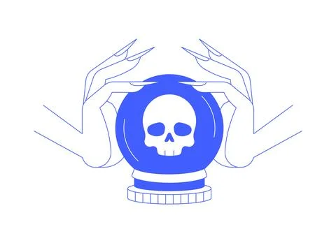 Fortune teller crystal ball skull prediction monochromatic blue cartoon clipa Stock Illustration