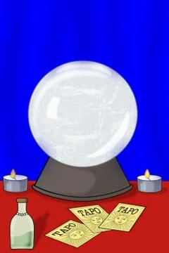 Fortune-teller desktop with the image of a magic ball and tarot cards. Stock Photos