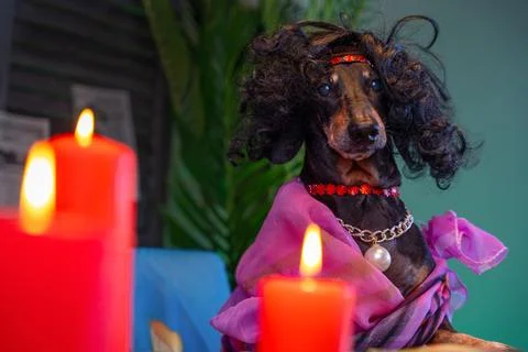 Fortune teller dog sits at table with candles, Halloween ritual, dream boarding Foto stock