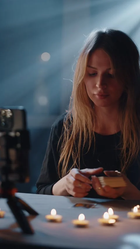 Fortune teller doing tarot reading by phone Stockbeeldmateriaal 316824063