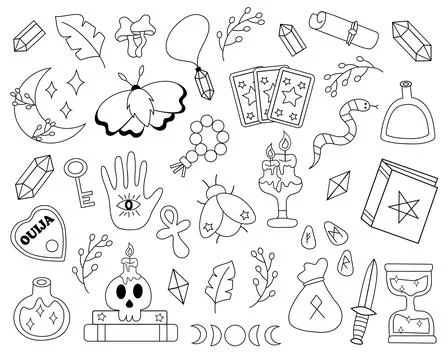 Fortune teller esoteric set. Doodle Outline Line art collection. Vector flat Stock Illustration