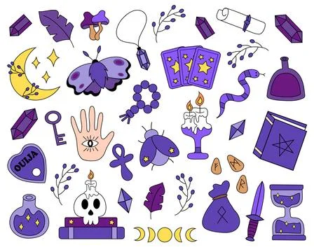 Fortune teller esoteric set. Magic ball, Ank, moth, card tarot Stock Illustration