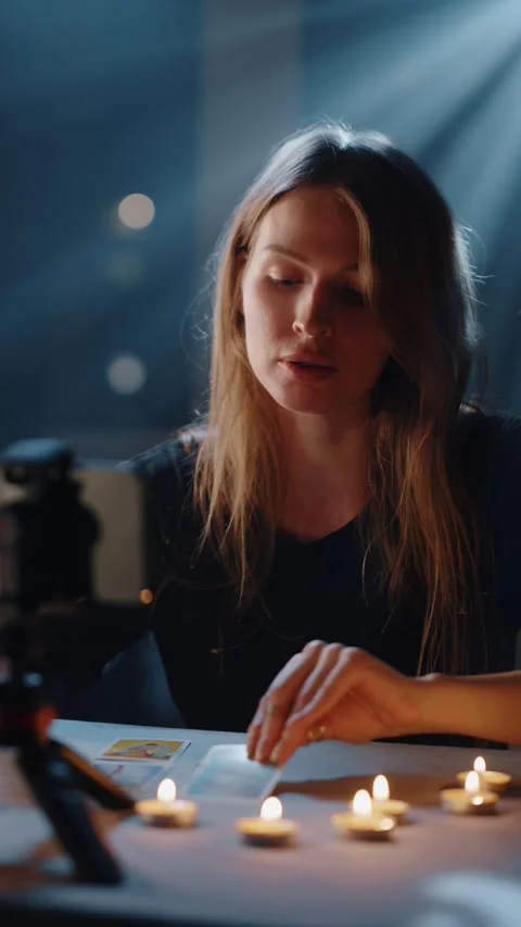 Fortune teller explaining tarot card meaning on video call Vídeos de archivo 316824597