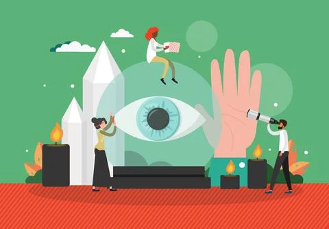 Fortune teller predicting future reading tarot cards, palm lines, using crystal イラスト素材