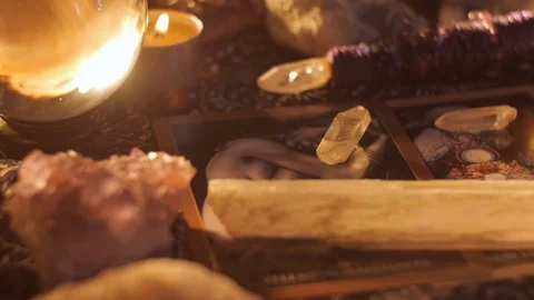 Fortune teller psychic medium tarot card table reading setup Stock Footage 79152782
