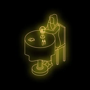 Fortune teller reading crystal ball at round table with neon light effect Stock Illustration