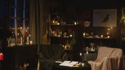 Fortune Teller Room Interior with Candles and Posters Stock Footage 247628405