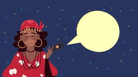 Fortune teller with tarot card speaking in night sky with stars and moon. Stock Footage 333546006
