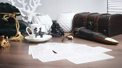 Fortune teller tarot cards on table. Forecasting concept. 写真素材