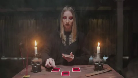 Fortune teller tarot reader placing cards in order as mystic rite. Stock Footage 145681304