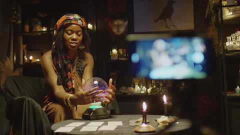 Fortune Teller Touching Crystal Ball when Recording Vlog Stock Footage 247638771