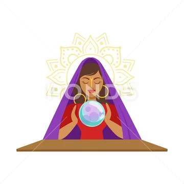 Fortune teller watching crystal ball, occult ritual vector Illustration Stock Illustration