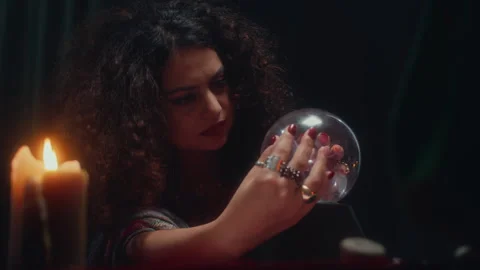 Fortune Teller Working with Crystal Ball, Talking to Her Client during Session Stock Footage 253181223