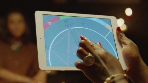 Fortune Tellers Hand Zooming in Natal Chart of Her Client on Digital Tablet Stock Footage 247635992