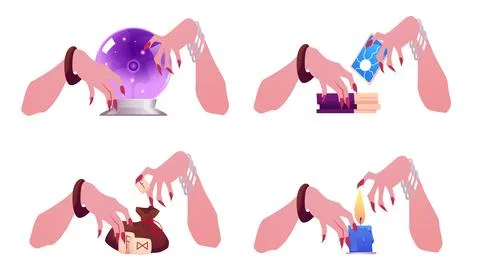 Fortune tellers hands with occult items vector set, cartoon magic crystal ball Stock Illustration