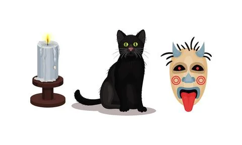 Fortune Telling Objects with Black Cat and Candle Vector Set Stock Illustration