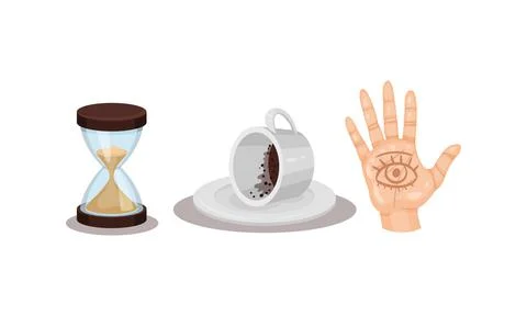 Fortune Telling Objects with Hand Palm and Coffee Grounds Vector Set 스톡 일러스트