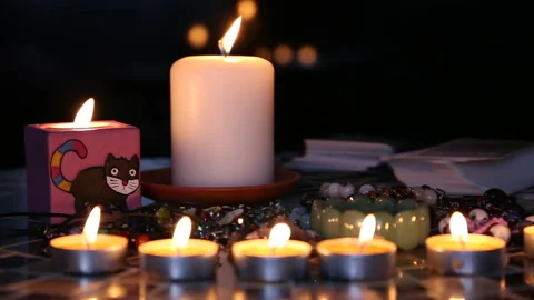 Fortune telling session, candles are burning on the round table Stock Footage 149589655