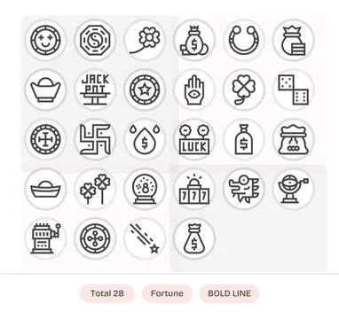 Fortune Vector Icon Library with 28 Bold Line Retina Ready Pixel Aligned De.. Stock Illustration