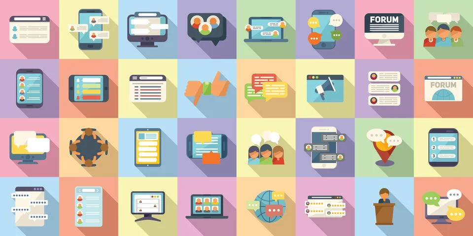Forum icons set flat vector. Feedback dialog Illustrazione stock