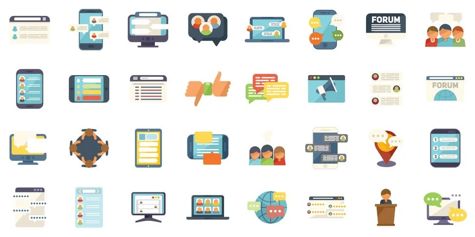 Forum icons set flat vector. Feedback dialog Stock Illustration