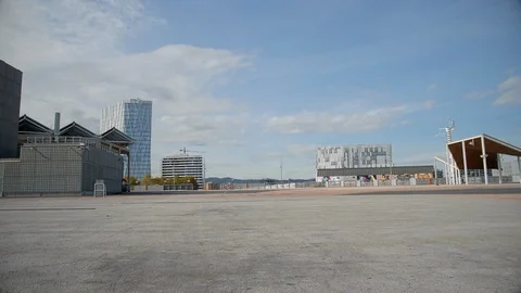 Forum Park and Skyscraper in the Diagonal Mar area. Barcelona Stock Footage 97574524